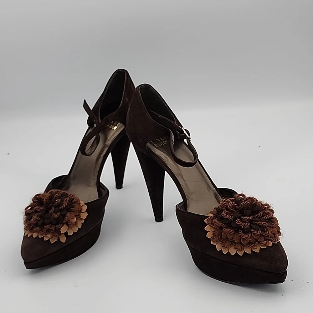 STUART WEITZMAN Dark Brown Suede Platform High Heels w/Flower Pom Pom Vamp, 6M